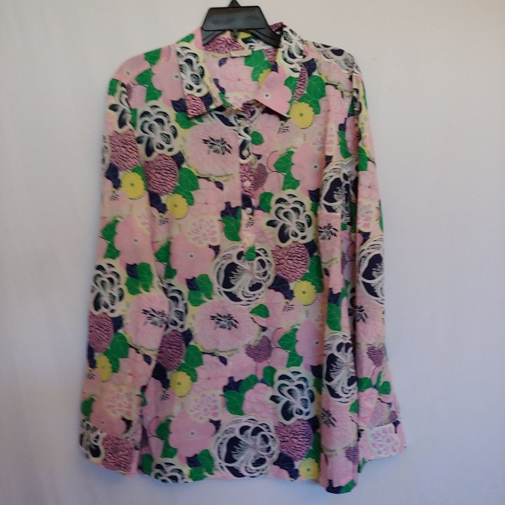 Talbots long sleeve Pink/black and green floral button shirt